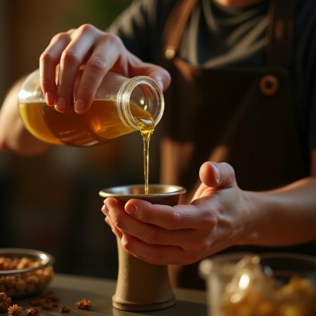 Artisan pouring botanical oils into a mixer inside Richmond workshop