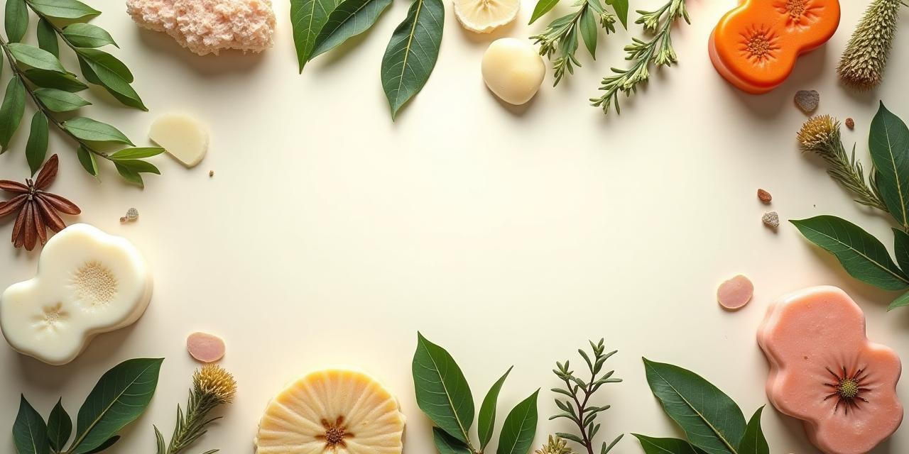 Flat lay of vibrant native Australian botanicals and handmade soaps